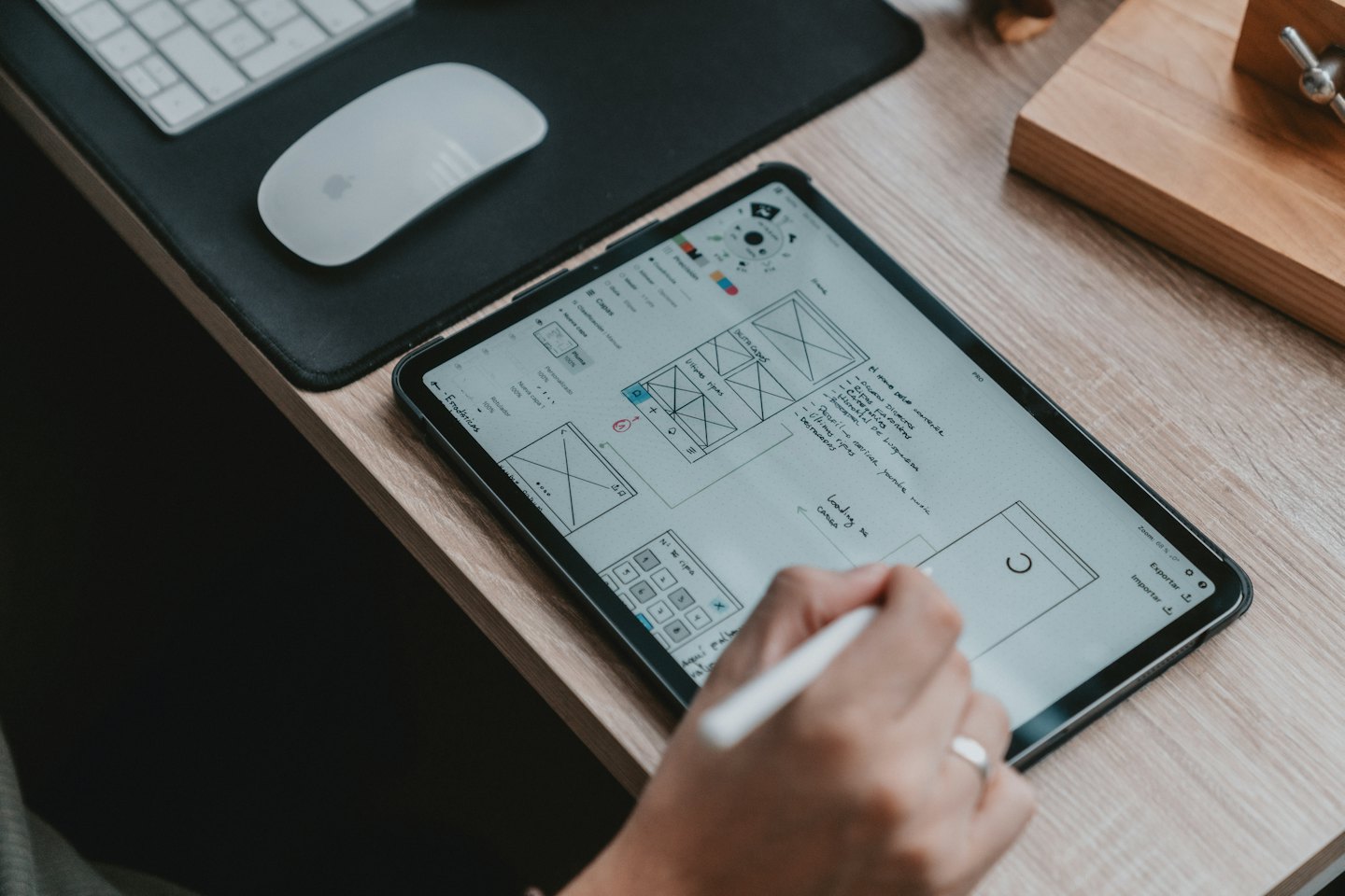 Hand drawing digital wireframes on a tablet with a stylus.