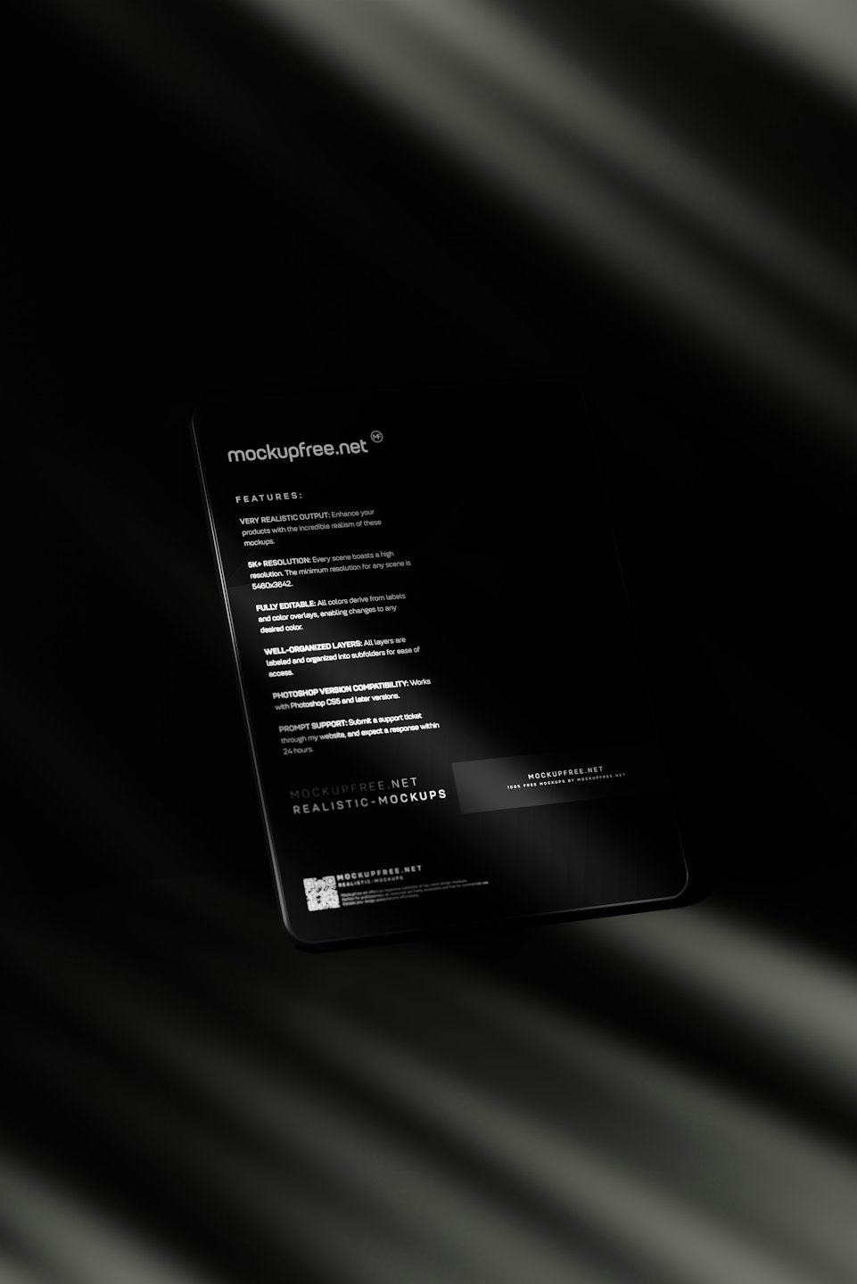 Smartphone screen displaying professional mockup website features.